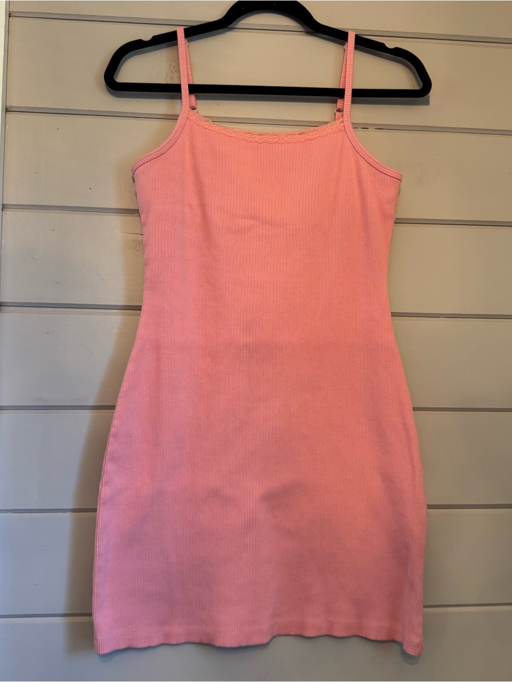 Aerie Coral Ribbed Cami Mini Dress with Lace Trim- Built In Bra